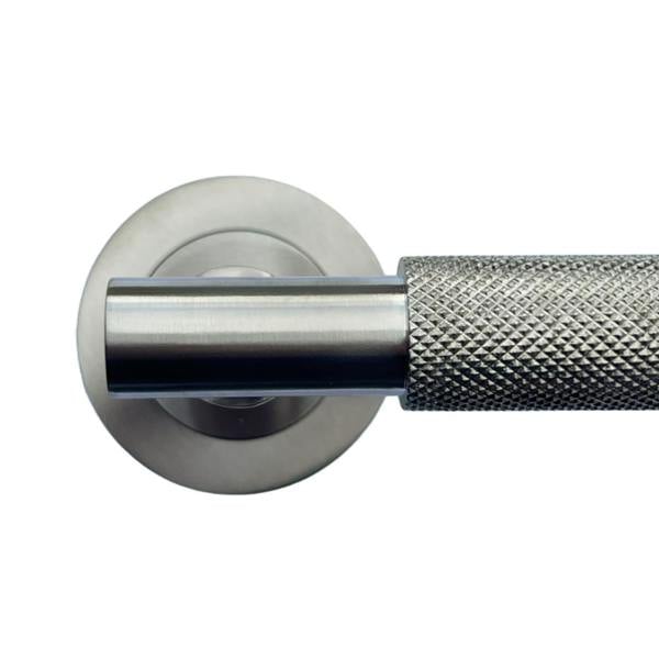 EDH Door Hardware Satin Nickel Knurled Door Handles on Round Rose – Modern Internal Lever Handle