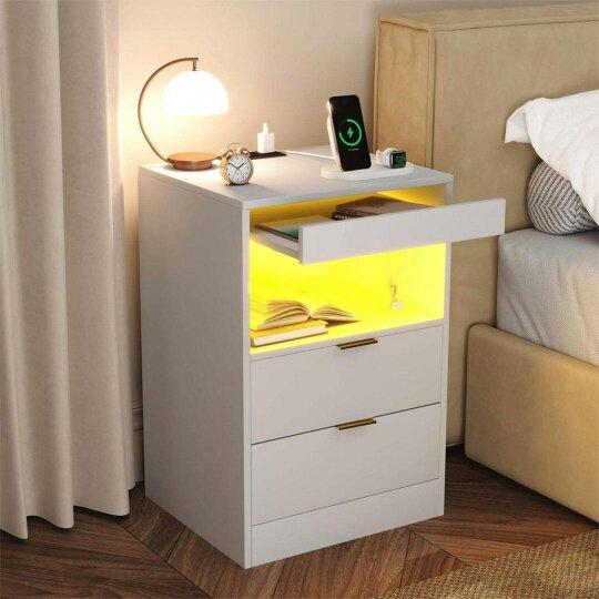 Havendro LED Bedside Table with Hidden Drawer Bedside Cabinet w/ Charging Station