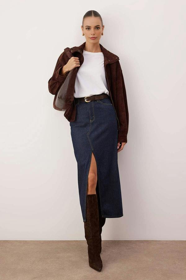 WOVCOR Maxi Denim Skirt with Slit