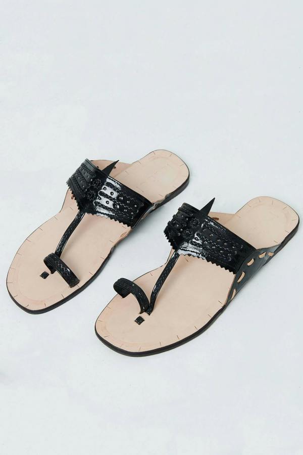 Black | Faux Leather Textured Flat Sandals