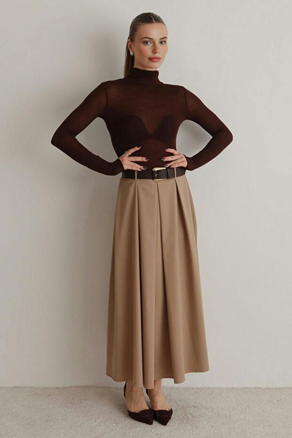 WOVCOR Belted A-line Flared Woven Maxi Long Skirt