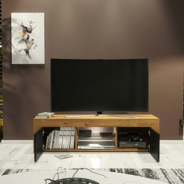 Mex Furniture 130cm Oak TV Unit Sideboard Cabinet with Black Matt Doors and Free LED Lights