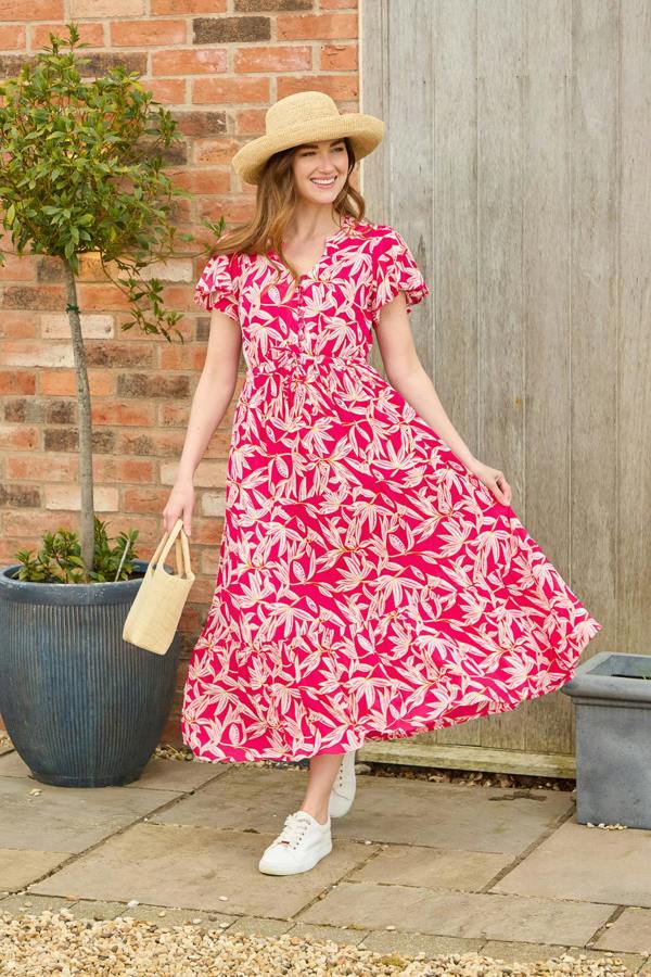 Mudflower Leaf Print Button-Up Elasticated Tie-Front Flared Midi Dress