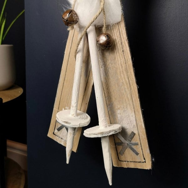Samuel Alexander 55cm Wooden Skis with Decorative White Fur and Silver Bells Christmas Decoration