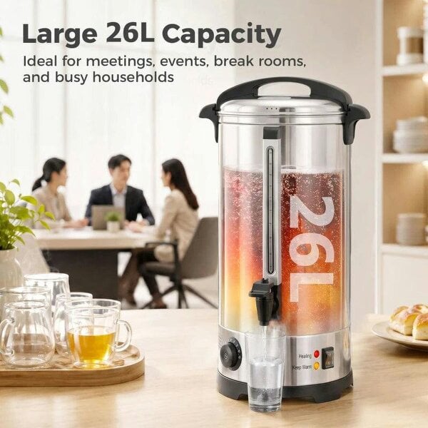 26L Catering Urn, 2500W Stainless Steel Hot Water Boiler Dispenser with Thermostat, Keep Warm Function and Easy Pour Tap