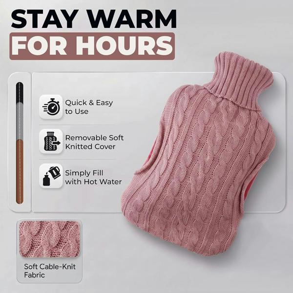 LKH HOME COLLECTION Hot Water Bottle with Cover UK 2L Soft Knitted Washable Cover with hand pockets keeps both hands warm, Leakproof Design