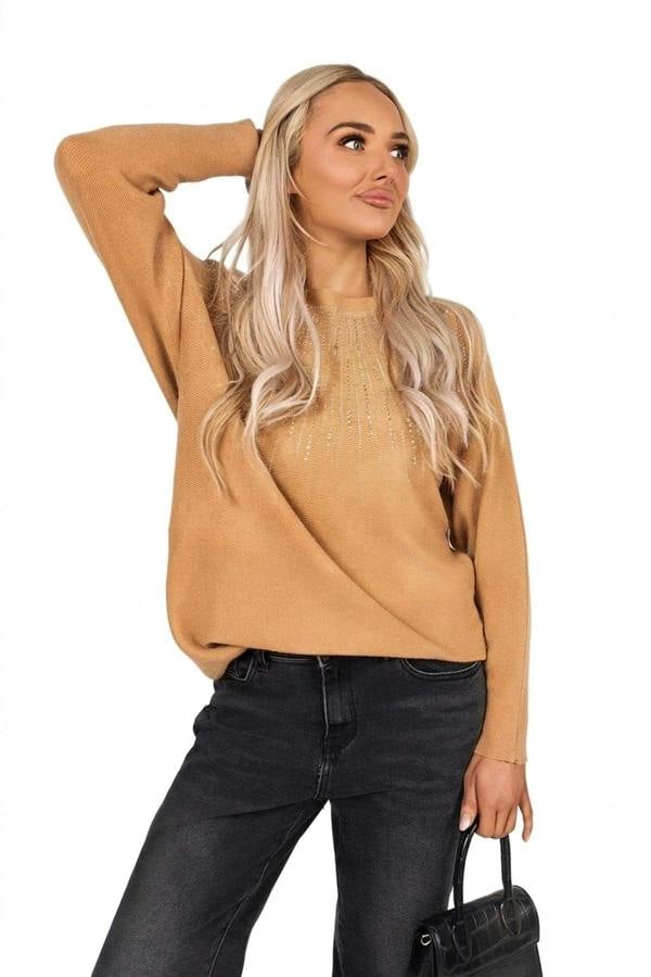 Haisley Long Sleeve Knitted Jumper With Embellished Neckline - Camel_wb