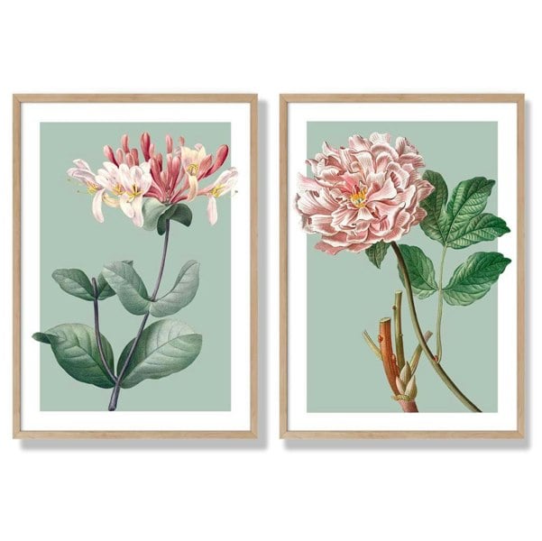 Sage Green Geometric Pineapple Fruit Set of 2 Art Prints with Oak Frame