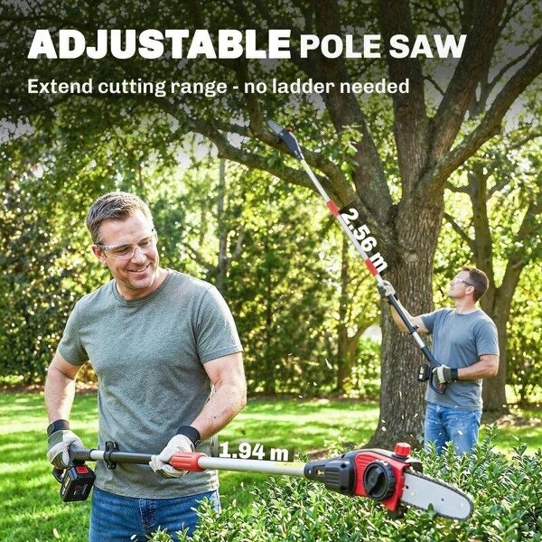 18V 8" Cordless Pole Chainsaw, 1.94m/2.56m Electric Chainsaw with 2 x 4.0Ah Batteries, Charger, Auto Lubrication
