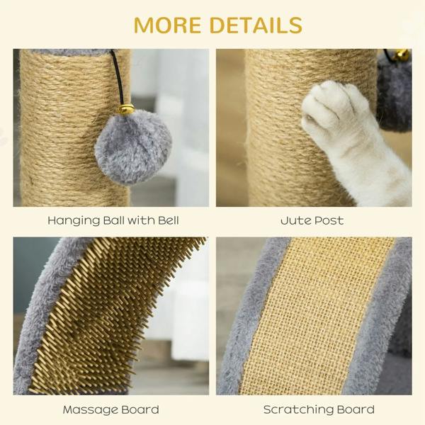 Grey cat tree accessories: jute post, hanging bell ball, massage and scratching boards