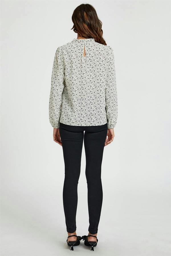 FS Collection Little Floral Print Frill Detail High Neck Top In White