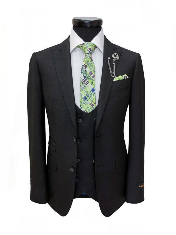 Black PAMONI three-piece suit with two-button jacket and matching trousers, displayed on a hanger against a neutral background.