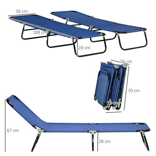 Set of two blue folding sun loungers with black metal legs and carry-ready folding design