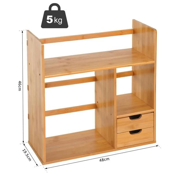 Bamboo desktop organizer unit with open shelves and two built-in drawers