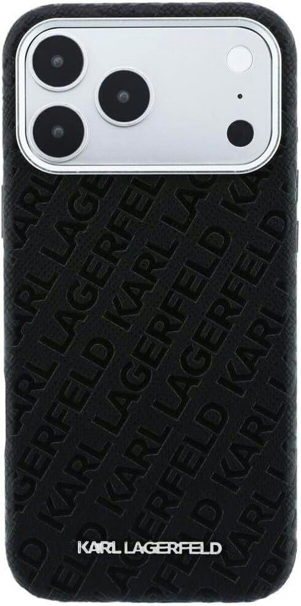Karl Lagerfeld Grained Allover Logo Metal Elongated Case with MagSafe for iPhone 17/18 Pro 6.3" Black - KLHMP18LPSKLFOFK