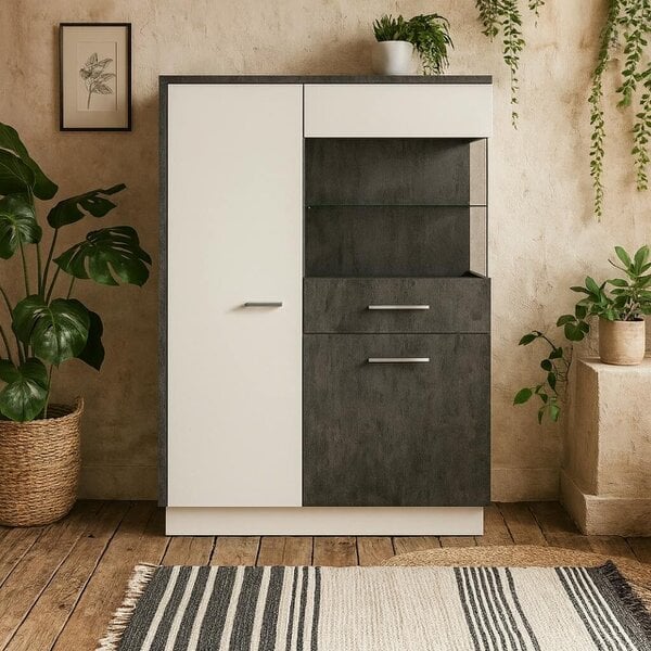Wyld Haus Nantes Grey and White Low Glazed Display Cabinet Right Hand with Closed Storage