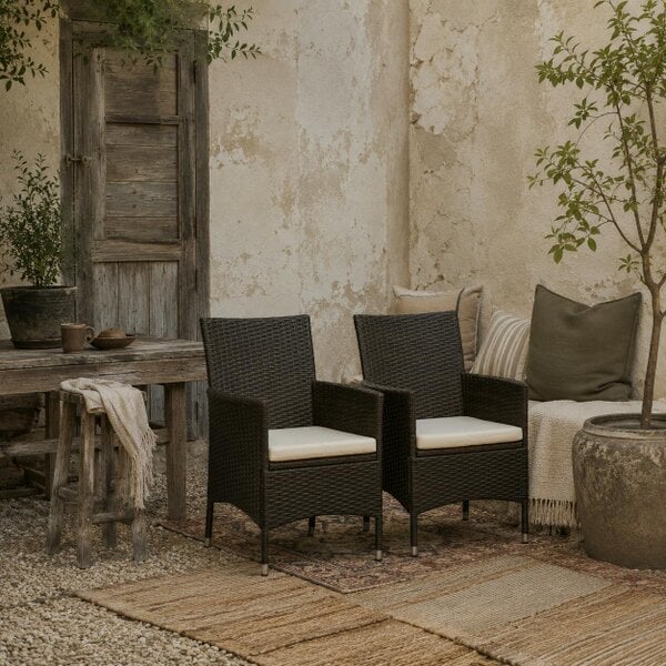 Wyld Haus Dodone Metal And Rattan Brown Set Of 2 Outdoor Dining Armchairs With Cushions
