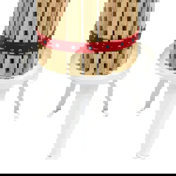 KuKoo 12 litre fruit press featuring a wooden slatted design, red metal band, and sturdy white plastic base for stability