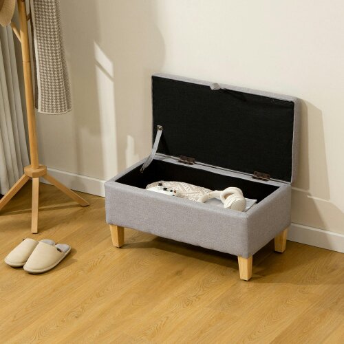 Wyld Haus Solo Linen Light Grey Storage Footstool With Storage Natural Wooden Legs