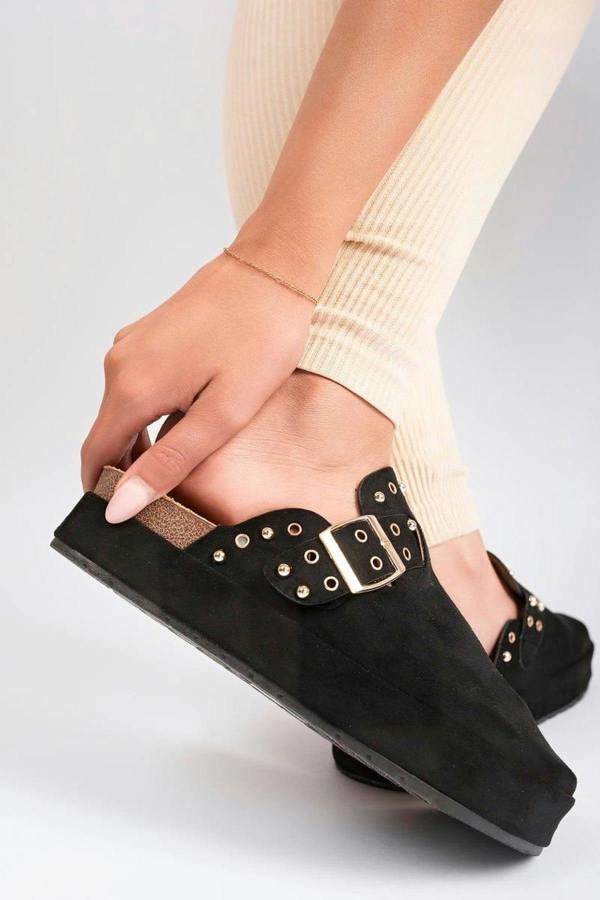 Laina Studded Buckle Slip-on Sandals - Black