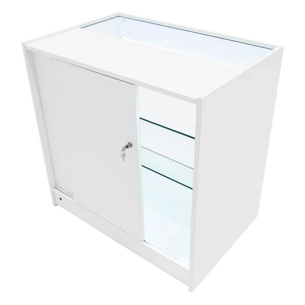 White Aries LED shop counter set featuring sleek design, glass shelves, and a lockable cabinet for secure storage
