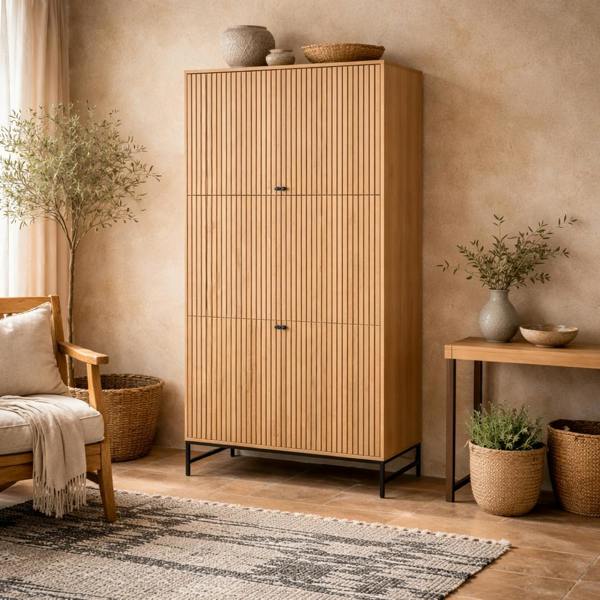 Wyld Haus Bjork Natural Oak Wood and Black Panelled Wardrobe 4 Doors