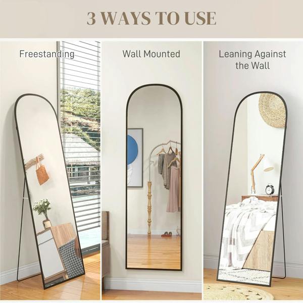 Black arched full-length mirror shown freestanding, wall-mounted, and leaning