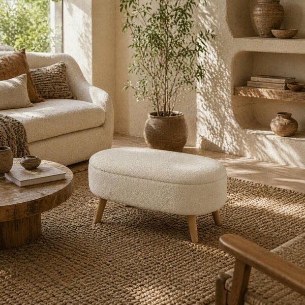 Wyld Haus Molasa Boucle Cream White Storage Ottoman Teddy Fleece Natural Wooden Legs
