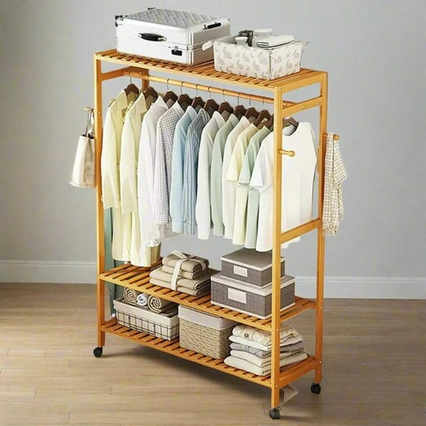 Modcraft Heavy Duty Wooden Clothes Stand – Garment for Open Wardrobe with Wheels