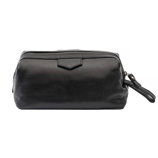 Top view of Black leather washbag on a white background