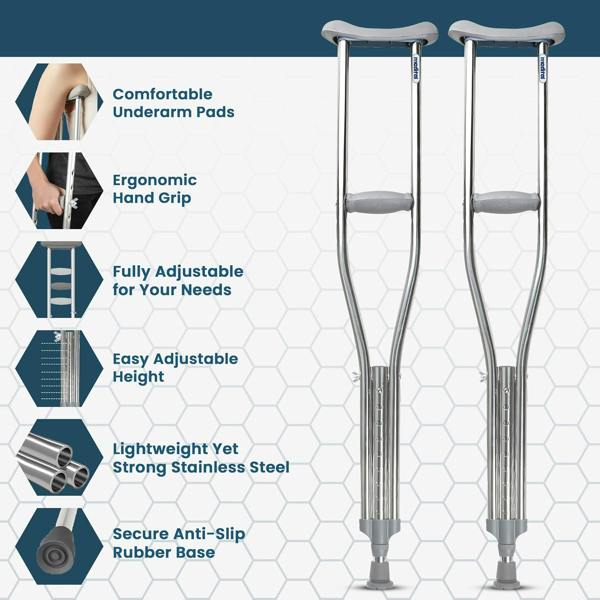 Medital Underarm Crutches for Adults - 2 Piece Lightweight 112–132cm Adjustable Stainless Steel Crutches with Ergonomic Grip