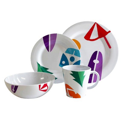 Picture of the Spring Bay Melamine Set by OLPRO, the Large Plate, Small, Plate, Bowl and Mug on display on a white background, Melamine is a Camping dinner set.