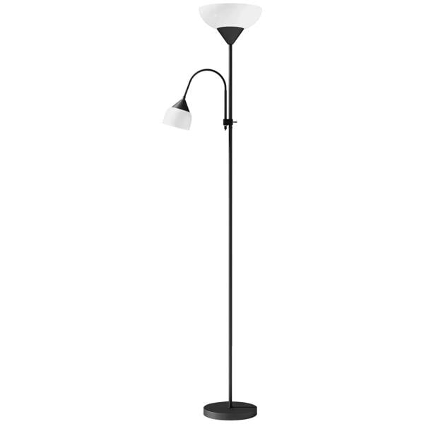 Black LED floor lamp with adjustable gooseneck and two uplight shades, round base