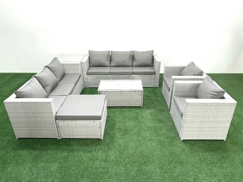 Fimous Outdoor Rattan Sofa Garden Furniture Set with 2 Armchairs Oblong Coffee Table Big Footstool Side Table Light Grey Mixed