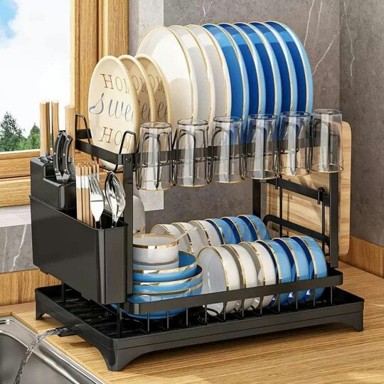 Havendro 2 TIER KITCHEN SINK DISH DRAINER RACK WITH DRIP TRAY CUTLERY HOLDER PLATE RACK