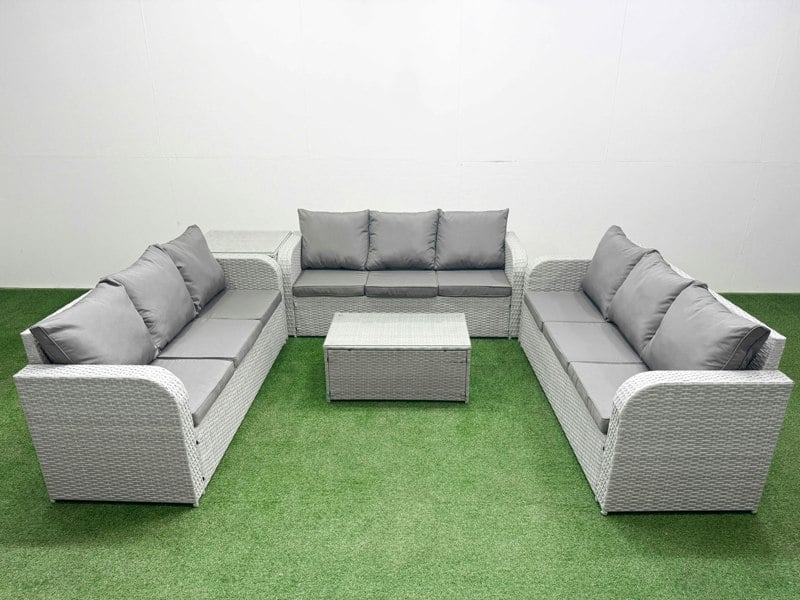 Fimous PE Rattan Lounge Sofa Set 9 Seater Outdoor Garden Furniture Set with Rectangular Coffee Table 3 Seater Sofa Side Table Light Grey