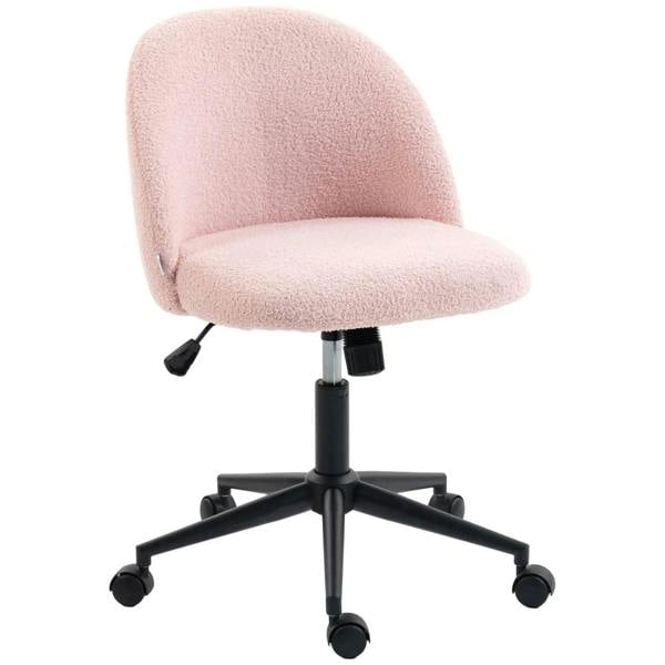 Light pink teddy fleece office chair with rounded back, swivel base and rolling wheels