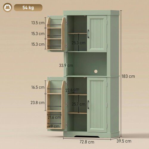 HOMCOM 183 cm Tall Kitchen Cupboard with Door Racks, Sage Green