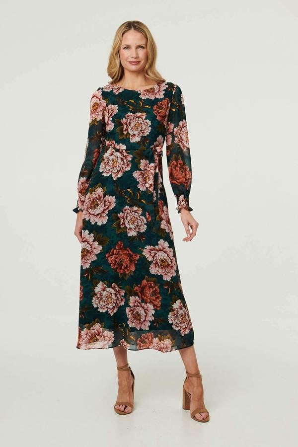 Green | Floral Long Sleeve Layered Maxi Dress