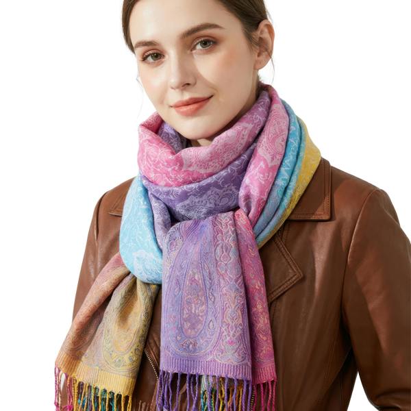 VIA MONTEN Women’s Gradient Pashmina Style Scarf, Oversized Jacquard Shawl Wrap with Fringe and Paisley Pattern