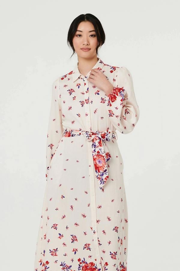 Pink | Floral Border Tie Waist Midi Shirt Dress