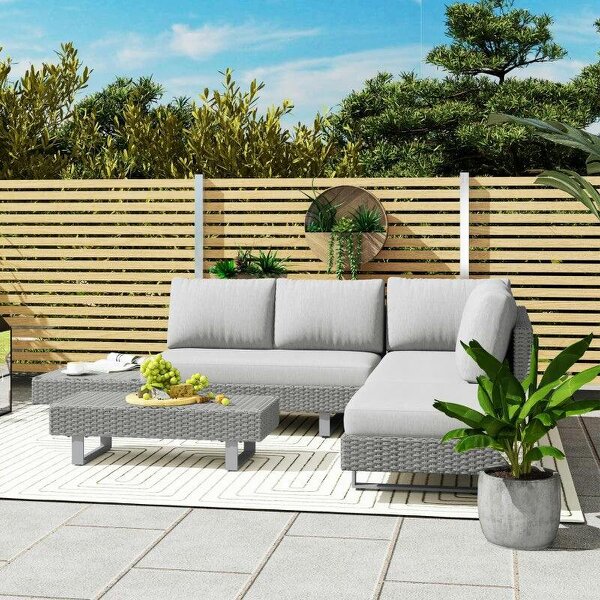 Three-Piece Rattan Sofa Set, with Cushions - Light Grey