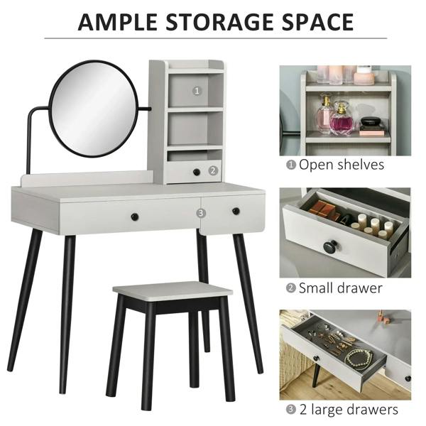 Gray vanity dressing table with round mirror, open shelves, and stool.