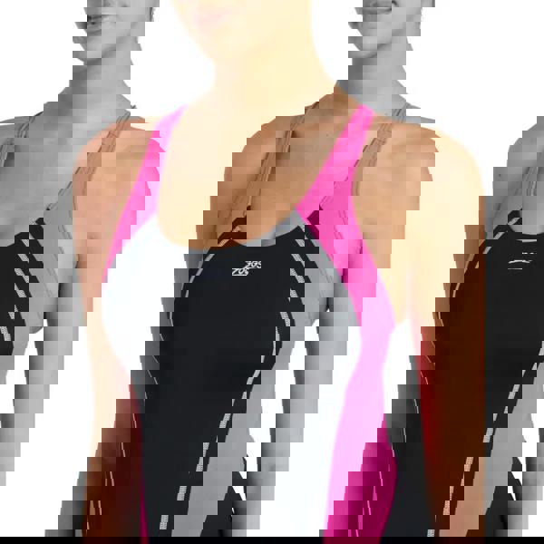 Zoggs Eaton Flyback swimsuit in black and pink with silver trim