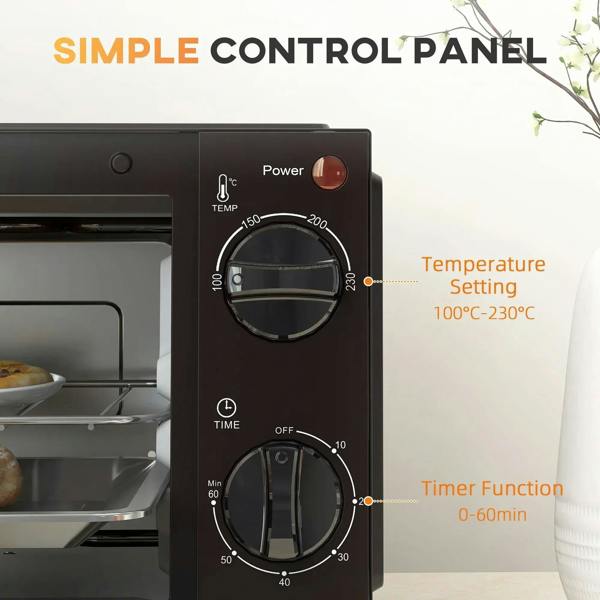 Black mini oven control panel with temperature and timer dials on the right side.