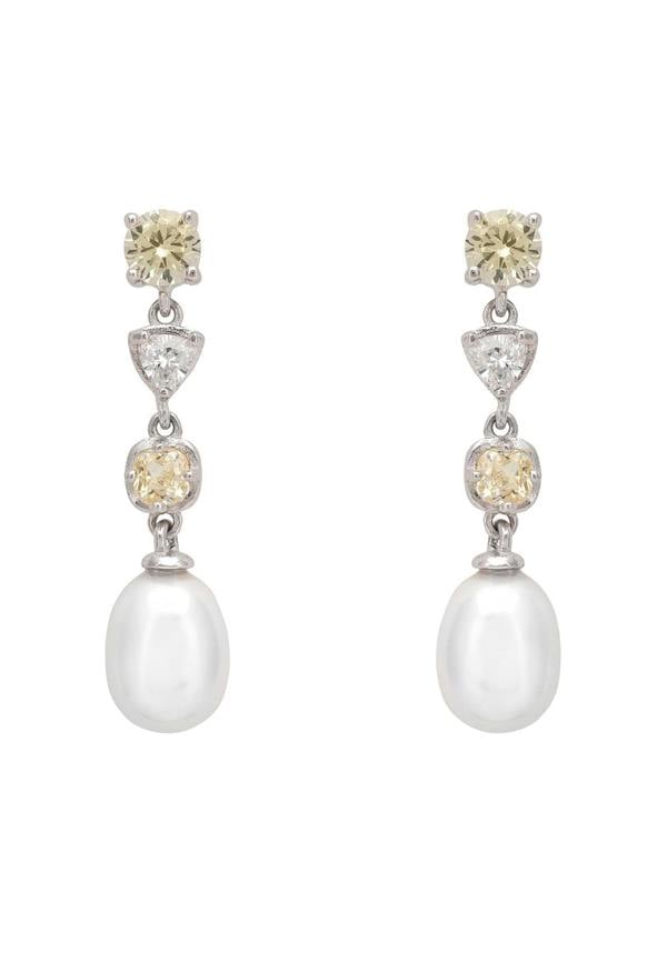 Pair of pearl and yellow gemstone earrings on a white background
