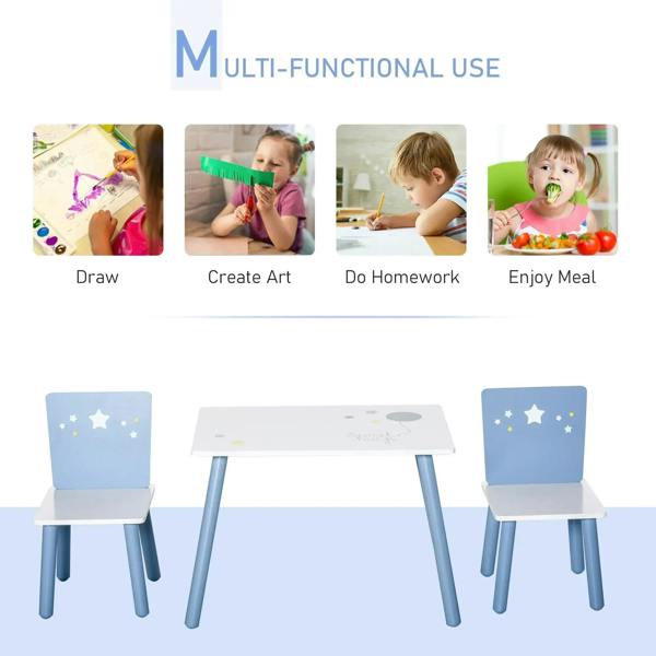 3-piece kids table and chair set with blue star backrests and white table top
