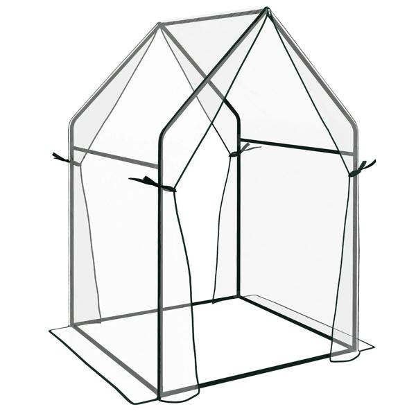 Portable clear mini greenhouse with two zipped doors and dark metal frame