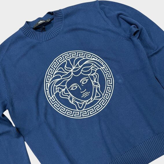 Versace Medusa Head Embroidered Knit Sweater Blue