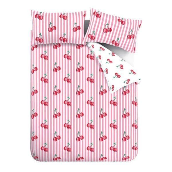 Catherine Lansfield Disco Cherries Stripes Reversible Duvet Cover Set Pink